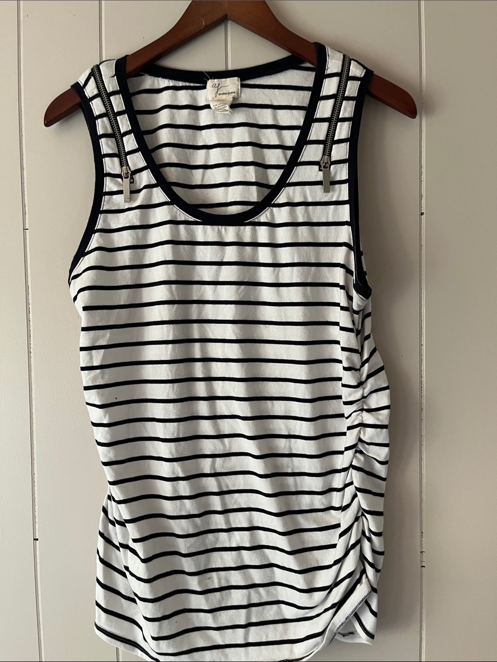 Andrea Jovine Black & White Striped Sleeveless Tank with Shoulder Zippers